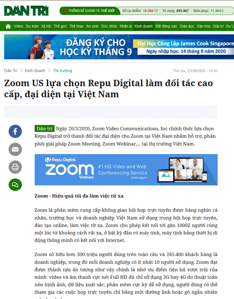 Read more about the article Zoom US lựa chọn Repu Digital làm đối tác cao cấp tại Việt Nam lên báo Dân Trí