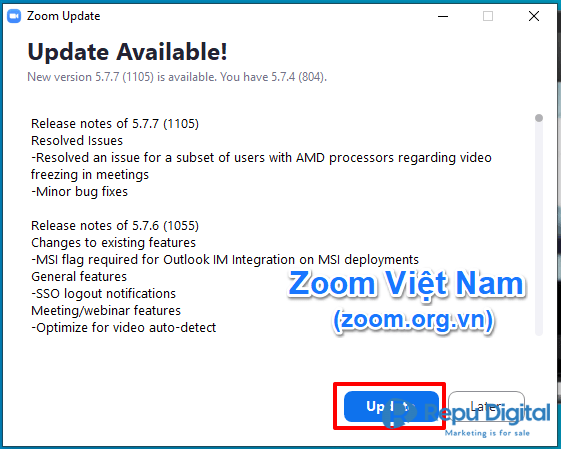 Zoom Client phiên bản mới 5.7.7 (1105)