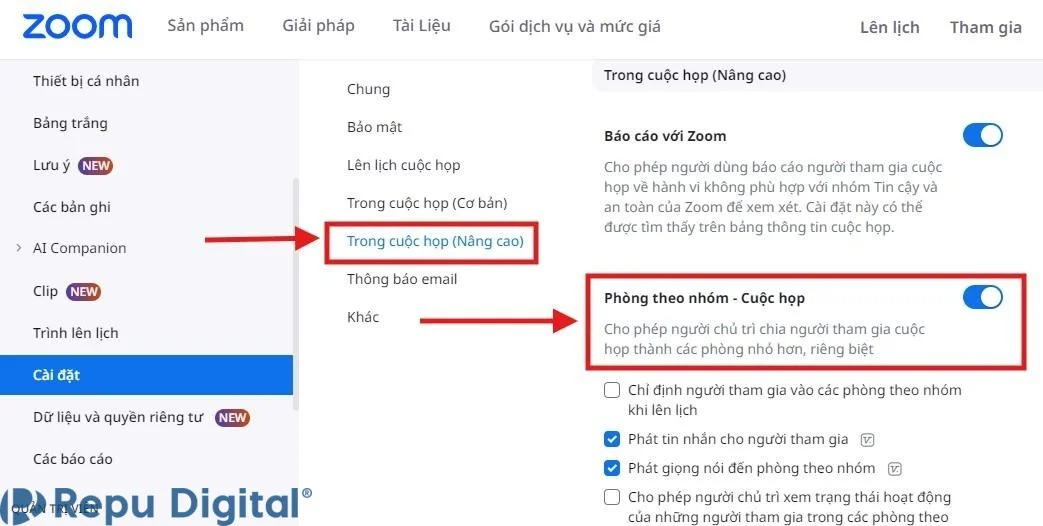 bật tính năng breakout room zoom